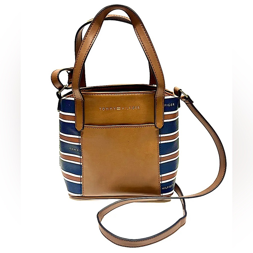Tommy Hilfiger Crossbody Satchel EUC Brown Navy White Stripes Faux Leather